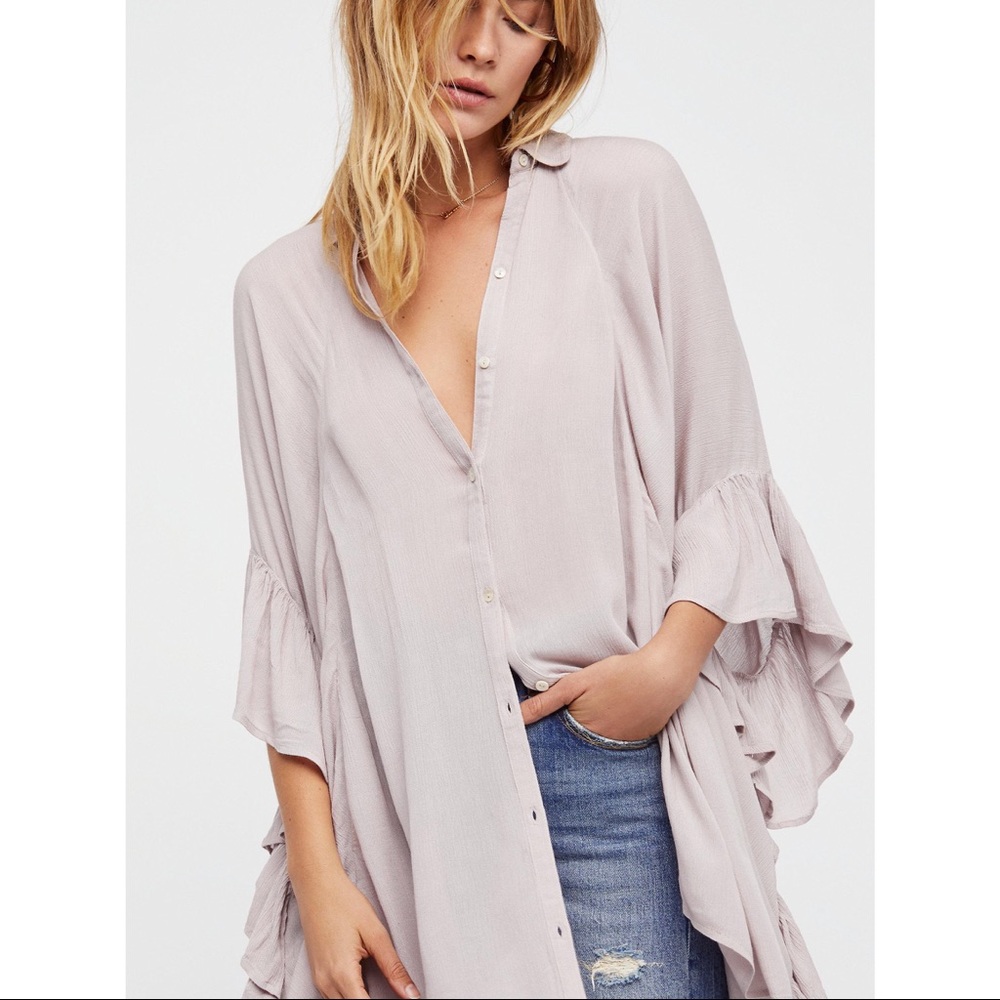 Free People Dusty Pink Ruffle Sleeve Button-Front Blouse